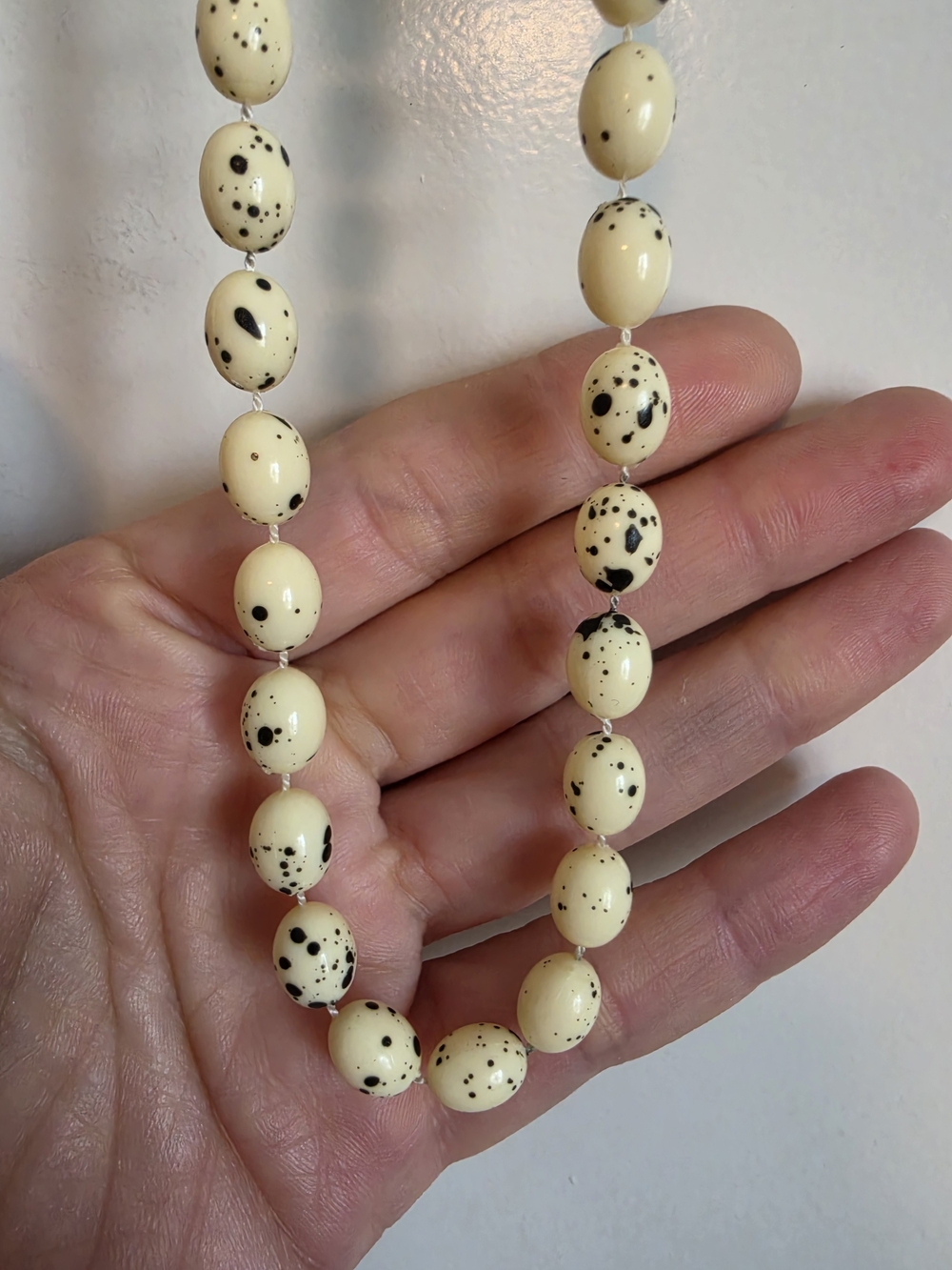Cream Speckled egg black and white dalmation antique Bead Necklace
